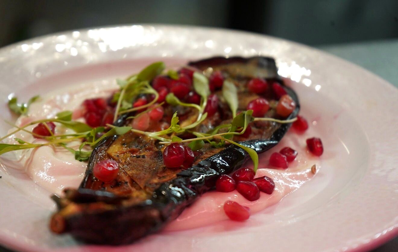 Grilled mackerel with pomegranate and micro herbs